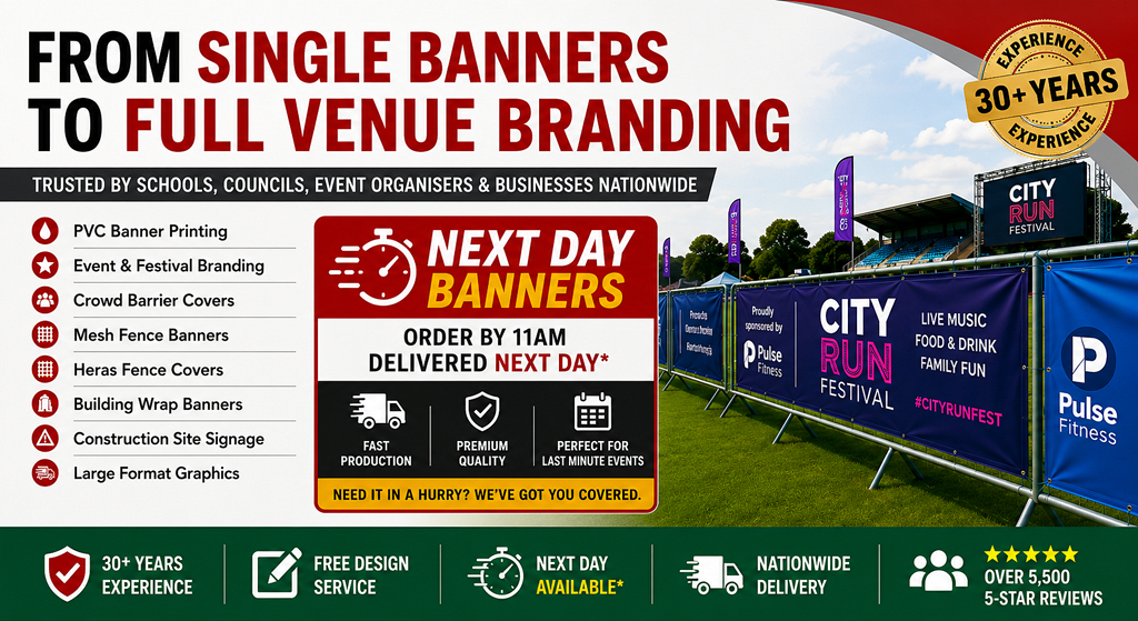 HFE Signs large-scale banner printing services featuring PVC banners, event branding, crowd barrier covers, mesh fence banners, Heras fence covers, building wrap banners and construction site signage with over 5,500 five-star reviews.