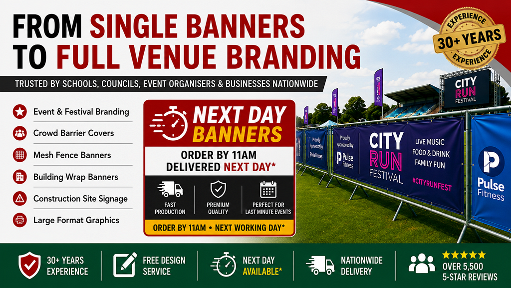 HFE Signs large-scale banner printing services featuring PVC banners, event branding, crowd barrier covers, mesh fence banners, Heras fence covers, building wrap banners and construction site signage with over 5,500 five-star reviews.
