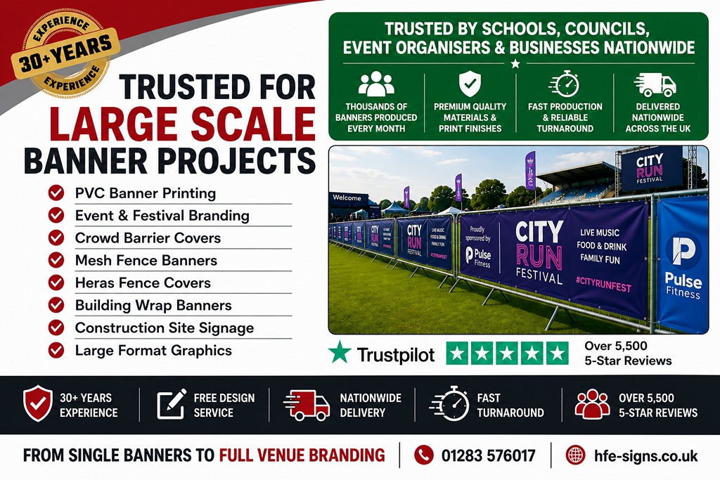 HFE Signs large-scale banner printing services featuring PVC banners, event branding, crowd barrier covers, mesh fence banners, Heras fence covers, building wrap banners and construction site signage with over 5,500 five-star reviews.