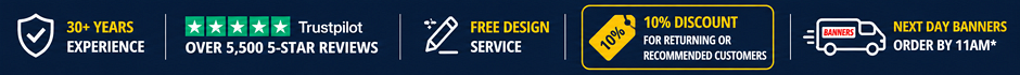 HFE Signs 30+ years experience, over 5,500 5-star reviews, free design service and next day banner delivery
