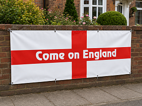 Come On England PVC banner featuring the St George’s Cross displayed on a brick garden wall. Come On England PVC banner featuring the St George’s Cross displayed on a brick garden wall.
