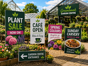 Garden centre Foamex signs for plant sales, café and seasonal promotions