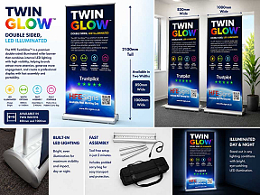 HFE TwinGlow LED roller banner with internal illumination, double-sided 2100mm tall display banner HFE TwinGlow LED roller banner with internal illumination, double-sided 2100mm tall display banner