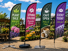 Garden centre feather flags with alternative base options