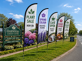 Garden centre promotional flags for plant sales, café and seasonal offers