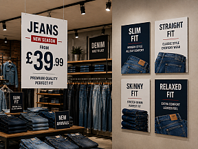 Foamex signs for jeans, clothing and fashion retail displays Foamex signs for jeans, clothing and fashion retail displays