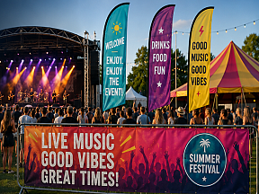 Custom event and festival signage, PVC banners, feather flags, mesh banners and full event branding UK