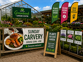 Garden centre signs, banners, feather flags, pavement signs and plant signage Garden centre signs, banners, feather flags, pavement signs and plant signage